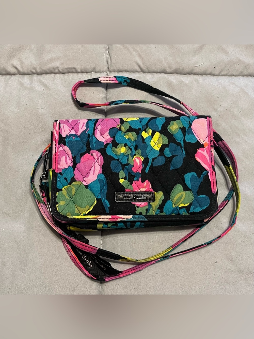 Vera Bradley Black Floral Quilted Crossbody Bag with Pink, Teal & Yellow Accents